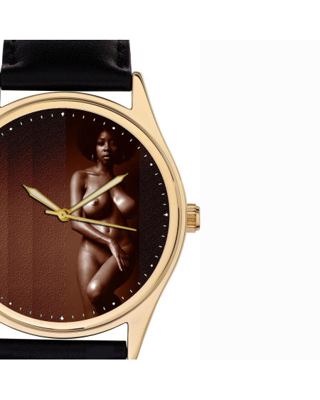 Erotic Bare-Breasted 1970s Retro Black Beauty Photo Art Solid Brass Men's Watch