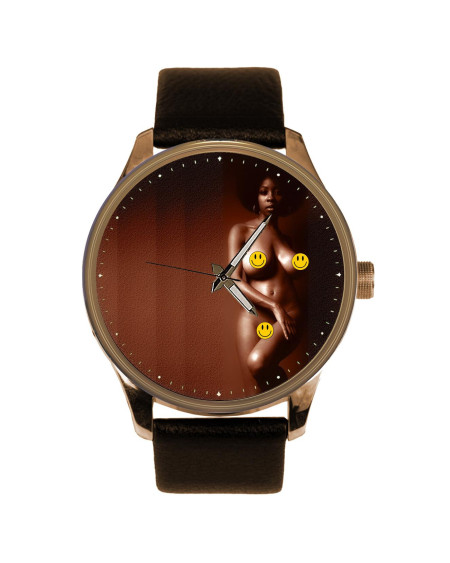 Erotic Bare-Breasted 1970s Retro Black Beauty Photo Art Solid Brass Men's Watch